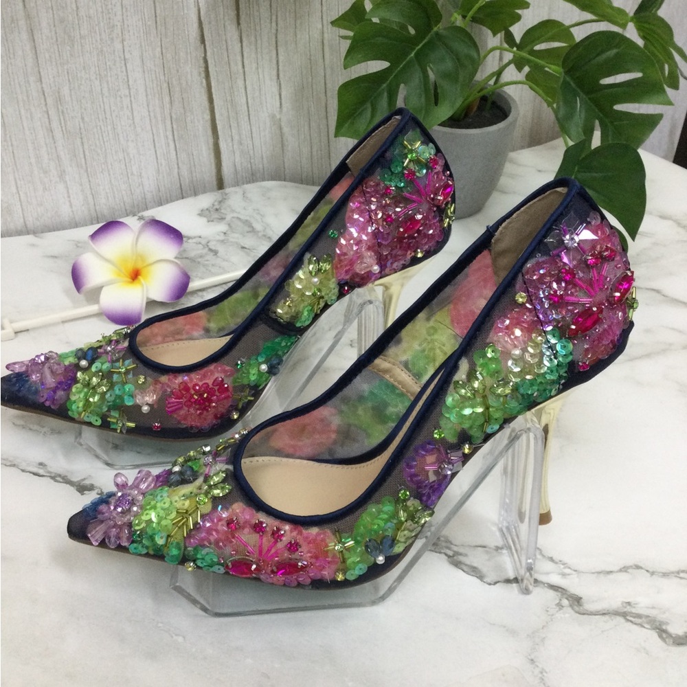 NWOT Betsey Johnson Netta Mesh  Multicolor Sequin Pointed Toe Pump - Picture 2 of 9